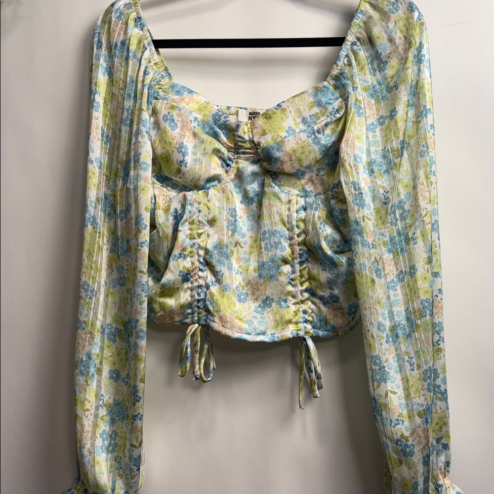 Madden NYC Elegant Floral Women's Blouse in Blue and Yellow